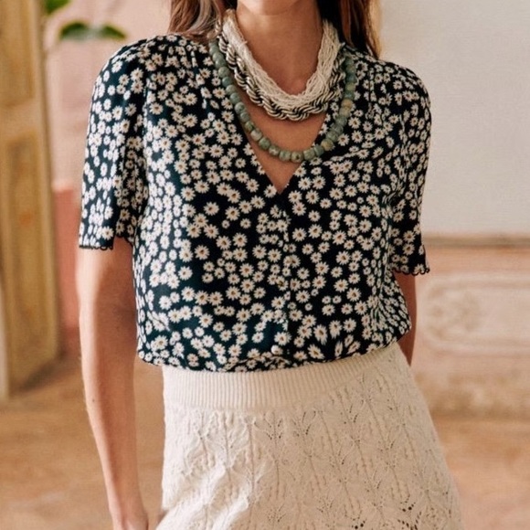 SEZANE V neck button up floral blouse daisy print short sleeve 8 - Picture 2 of 11